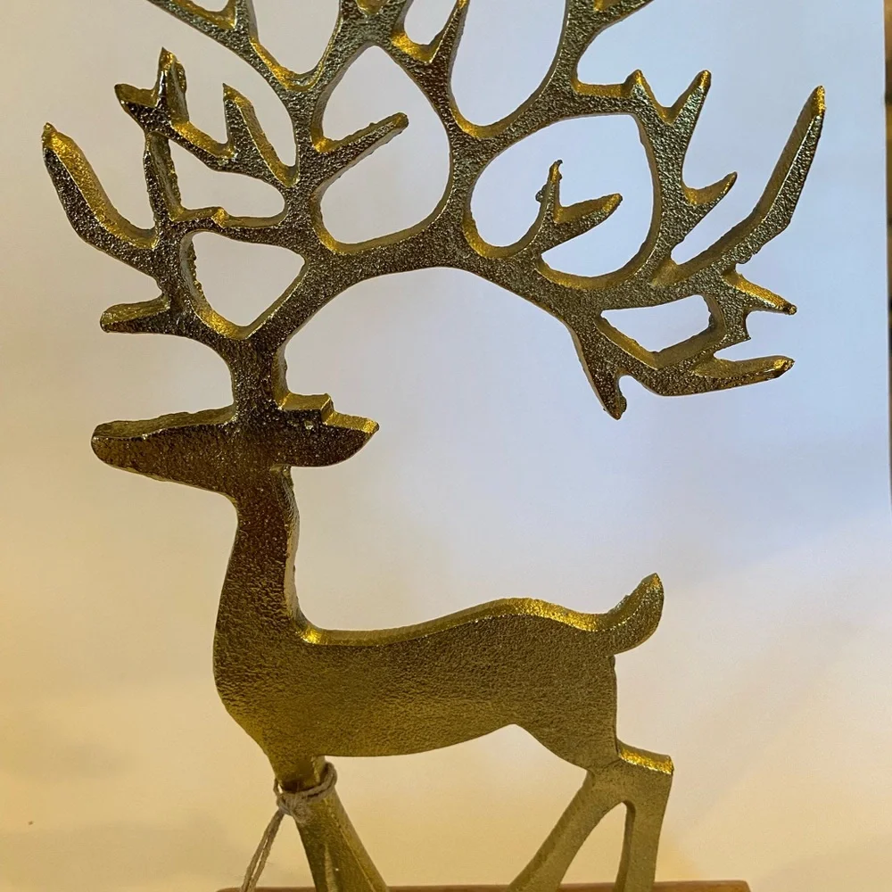 Gold Metal Reindeer Figurine on Wood Base Antique Brass-Tone Stag Statue